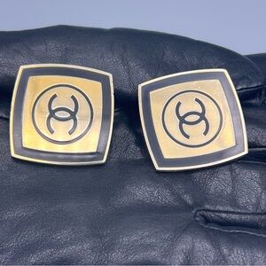 Vintage Gold Tone & Black Square Logo Clip On Earrings See Photos For Size